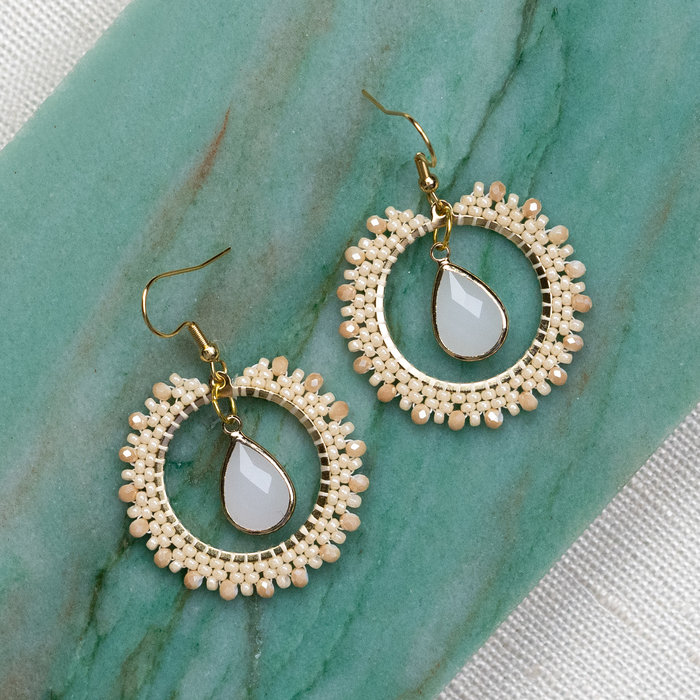 Glass Drop Pendants Faceted Gold Plated Offwhite 18x10mm, 2 pieces