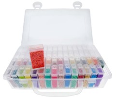 Storage box 23x13x5.5cm with 64 flip boxes and labels