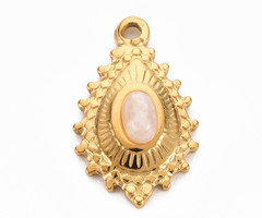 Stainless Steel Drop Charm with Dyed Jade 22x14mm Gold Plated with White