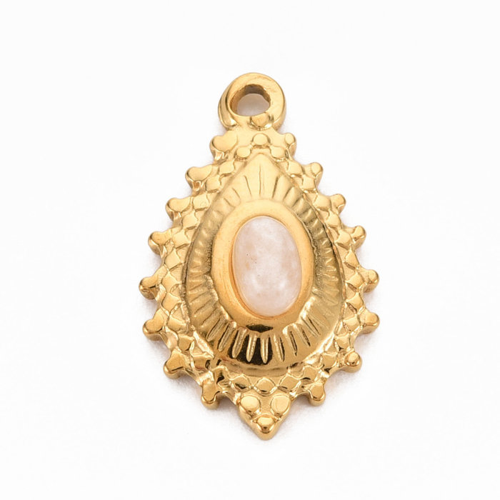 Stainless Steel Drop Charm with Dyed Jade 22x14mm Gold Plated with White