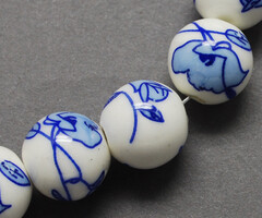 Porcelain Ceramic Beads with Dutch Delft Blue Print Rose 8mm