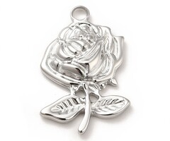 Stainless Steel Charm Flower Rose Silver 24x16mm