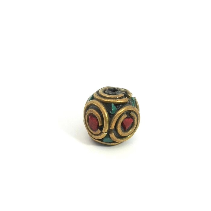 Tibetan Metal Beads with Natural Stones Red Turquoise 10mm