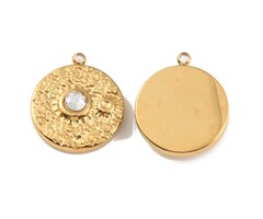 Stainless Steel Charm Coin with Rhinestone 14x12x3mm