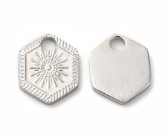 Stainless Steel Charm Silver Hexagon with Sun 8.2x7x1mm