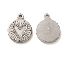 Stainless Steel Charm Silver Round with Heart 19x15x2.5mm