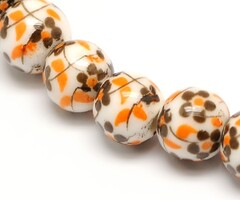 Porcelain Ceramic Beads with Flowers Orange Brown 6mm, strand 50 pieces