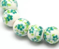 Porcelain Ceramic Beads with Flowers Green 6mm, strand 50 pieces