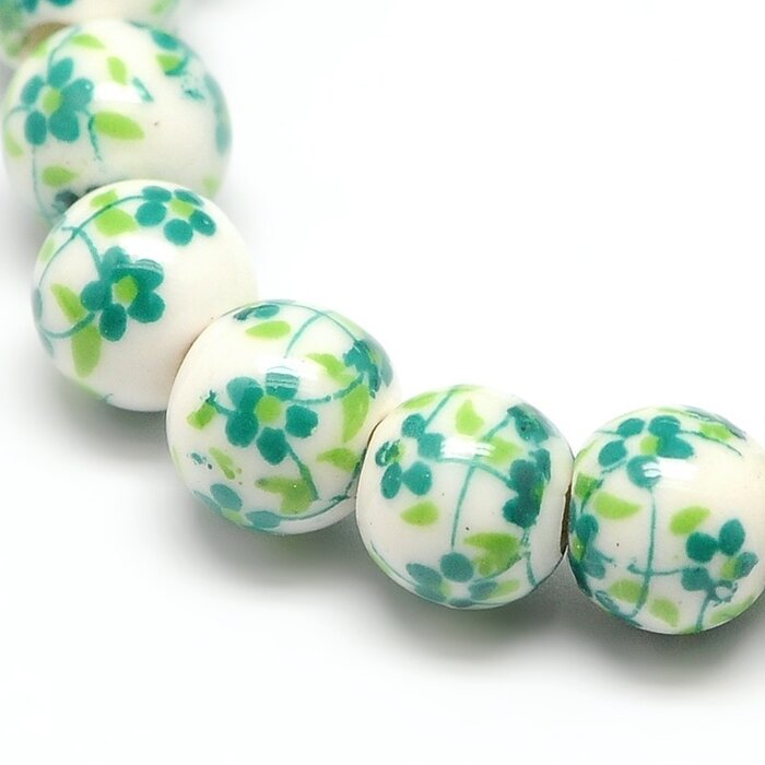 Porcelain Ceramic Beads with Flowers Green 6mm, strand 50 pieces