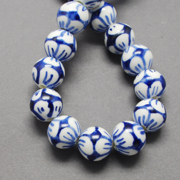 Porcelain Bead with Flowers Blue 10mm