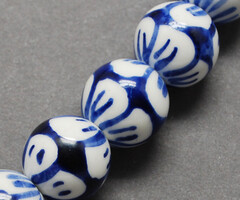 Porselein Kraal met Bloemen Blauw 10mm