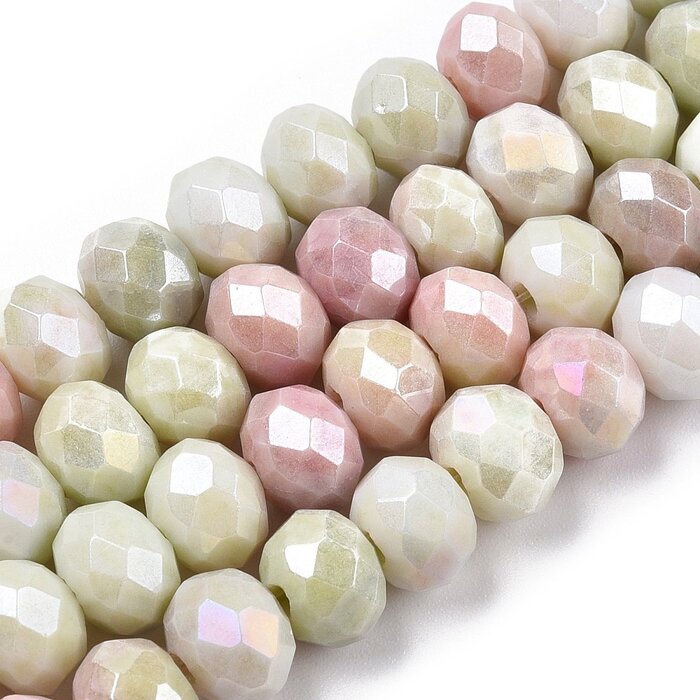 Faceted Glassbeads Electroplate Green Pink 8~8.5x6~6.5mm, strand 50 pieces
