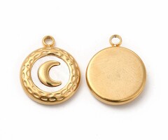 Stainless Steel Natural Shell Charm Moon Gold Plated 16x13x3mm