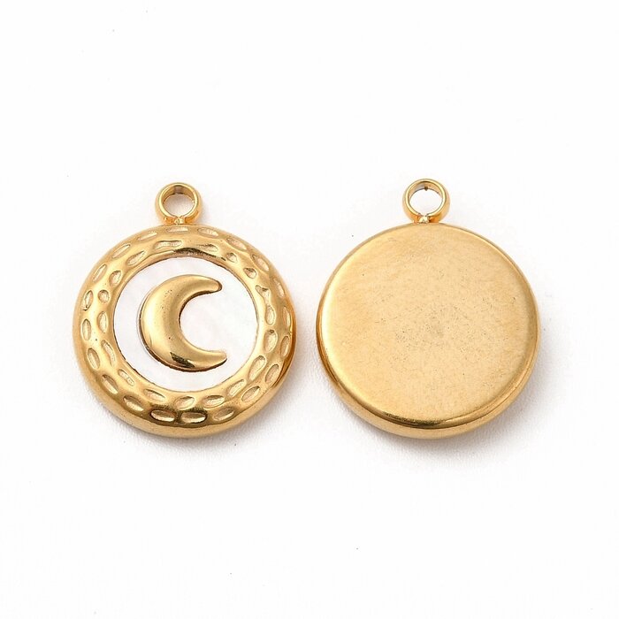 Stainless Steel Natural Shell Charm Moon Gold Plated 16x13x3mm