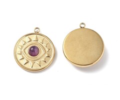 Stainless Steel Gemstone Charm Eye Amethyst 18.5x16x4mm