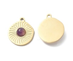Stainless Steel Gemstone Charm Amethyst 20.5x17x4.5mm
