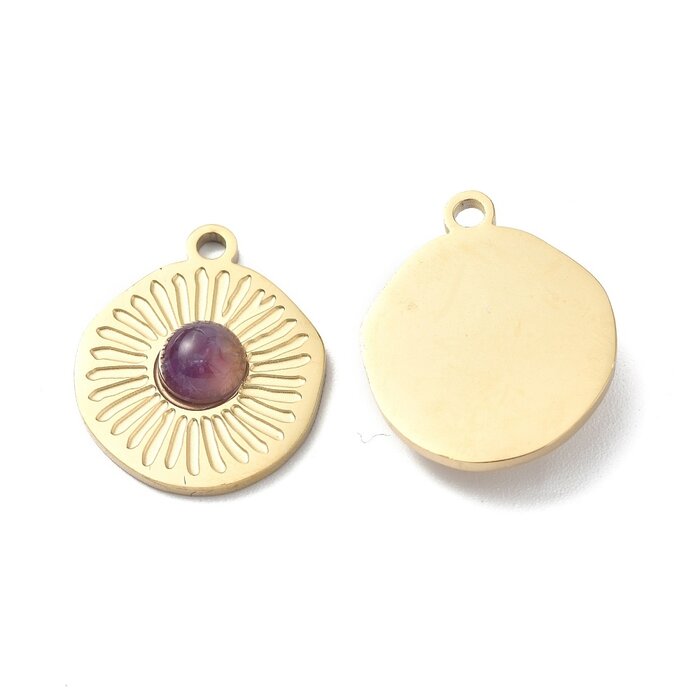 Stainless Steel Gemstone Charm Amethyst 20.5x17x4.5mm