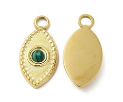 Stainless Steel Gemstone Charm Malachite 20x10x3mm