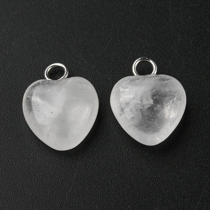 Stainless Steel Natural Gemstone Charm Heart Clear Quartz 13x10x5mm