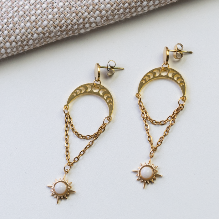 Golden Stainless steel earrings with White Jade Inspi618