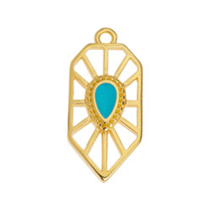 Charm With Blue Drop Art Deco Style DQ 24K Gold Plated 12.6x26.7mm