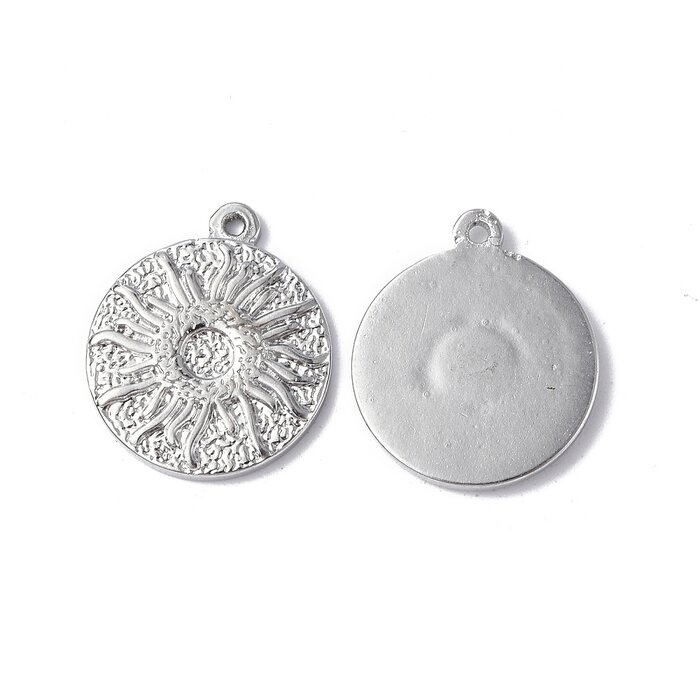 Stainless Steel Charm Sun Coin Silver 17.5x15x2mm