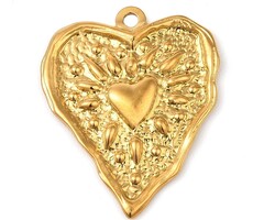 Stainless Steel Charm Heart Textured Gold Plated 36x29x3mm