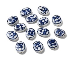 Porcelain Beads Oval Blue White with Tulips 20.5x15.5x5.5mm