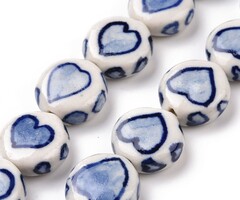 Porcelain Beads Blue White Heart 14~14.5x6.5~7mm