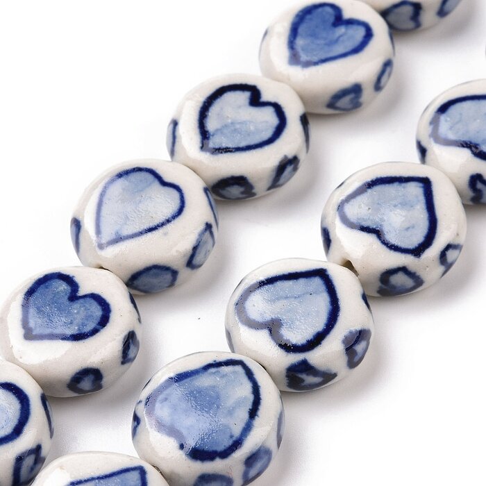 Porcelain Beads Blue White Heart 14~14.5x6.5~7mm