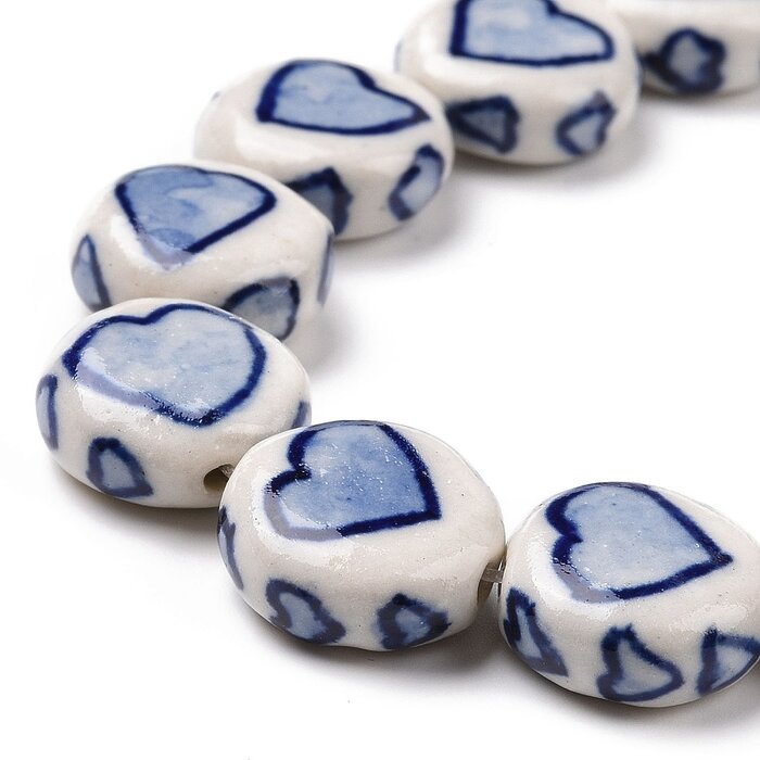 Porcelain Beads Blue White Heart 14~14.5x6.5~7mm