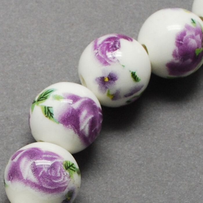 Porcelain Bead with Flowers Orchid 6mm, 10 pieces