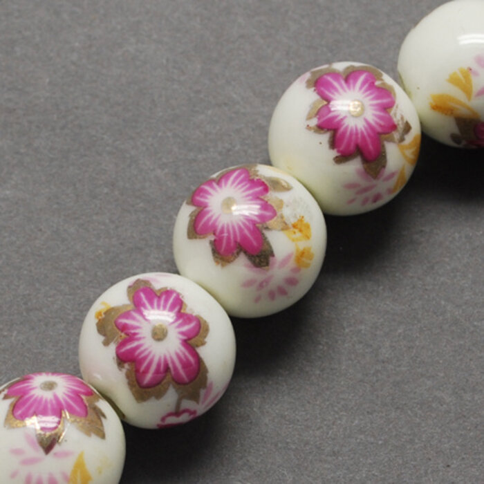 Porselein Kraal met Bloemen Fuchsia 8mm, 10 stuks