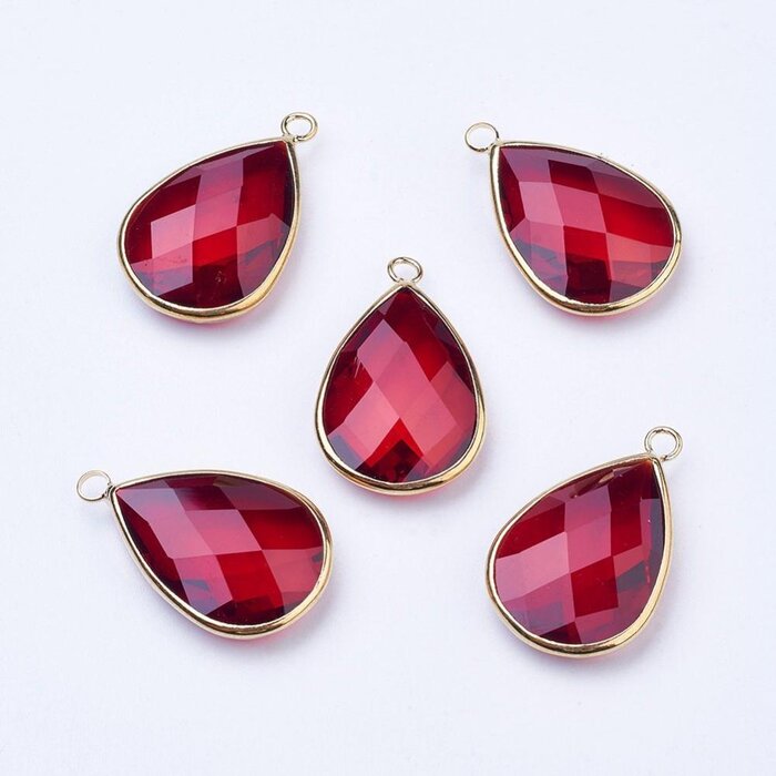 Faceted Glass Drop Charm Red 8x10x5mm