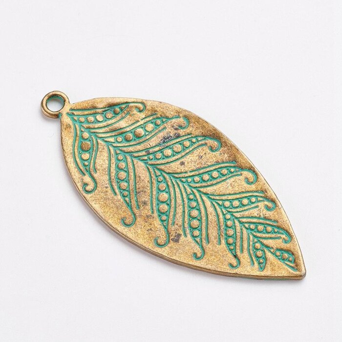 Large Patina Charms Bronze Boho Leaf, 60x28x1mm