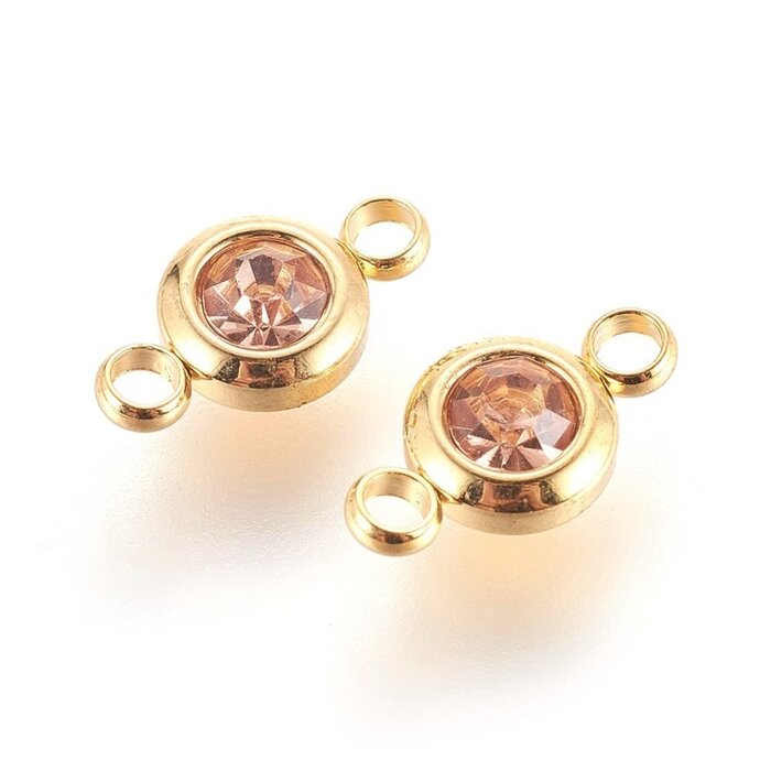 Stainless Steel Connector Gold Plated with Light Peach Rhinestone, 12x6.5x4mm