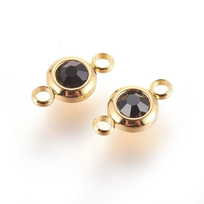 Stainless Steel Connector Gold Plated with Black Rhinestone, 12x6.5x4mm