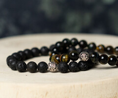 Kralen Armband Heren met Lavakralen en Tijgeroog
