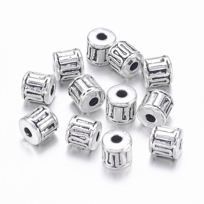 Tibetan Spacer Beads Cylinder 4.5mmx4.5mm Antique Silver, 15 pieces