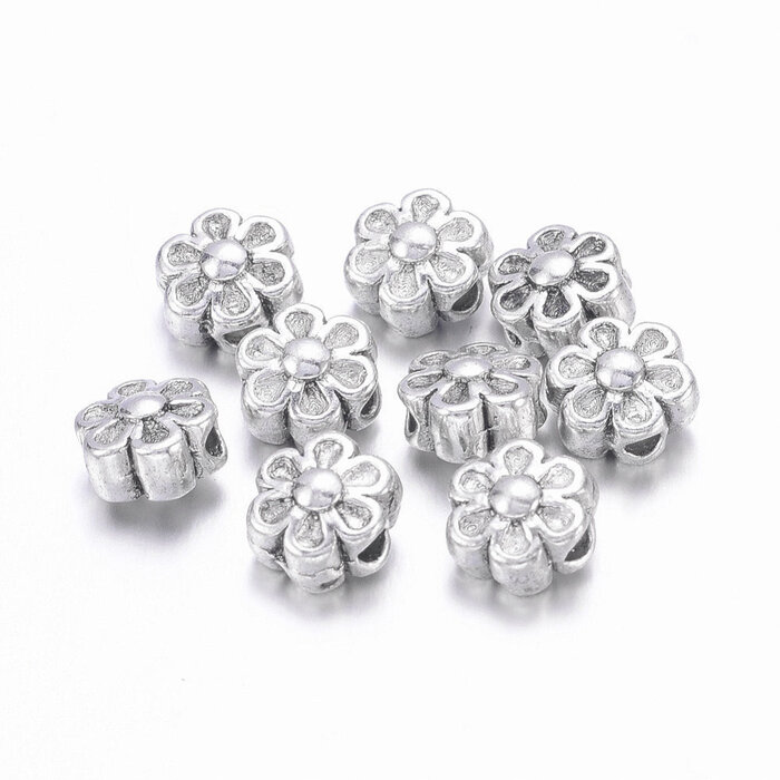 Tibetan Spacer Beads Flower 6.5mmx4.5mm Antique Silver, 15 pieces