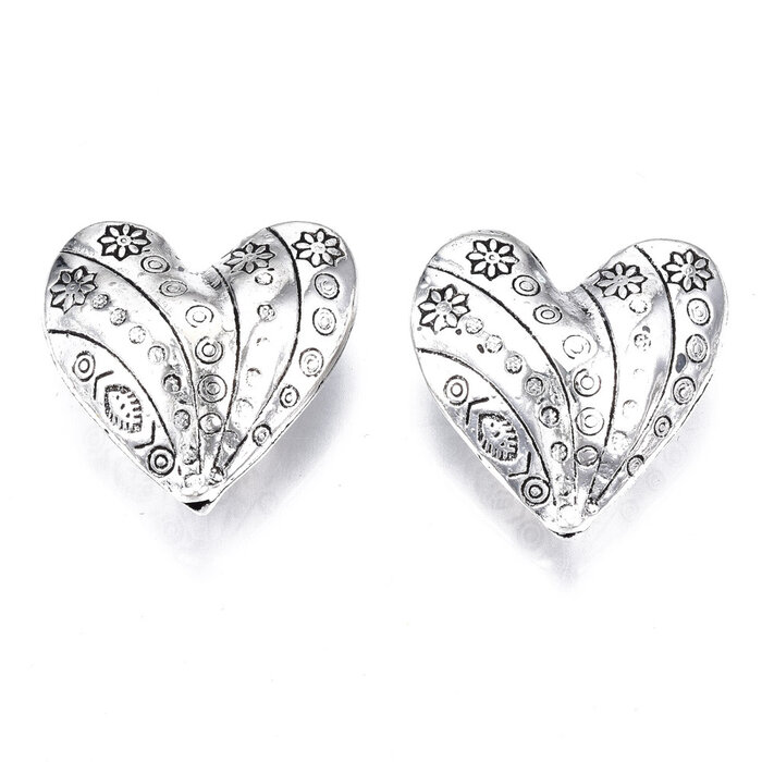 Tibetan Beads Heart 30x30x14mm Antique Silver Nickel Free, 3 pieces