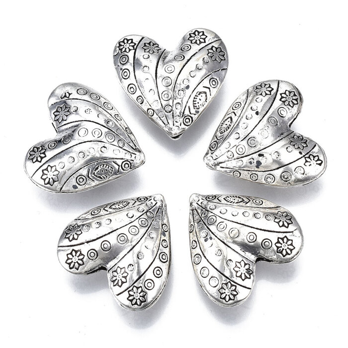 Tibetan Beads Heart 30x30x14mm Antique Silver Nickel Free, 3 pieces