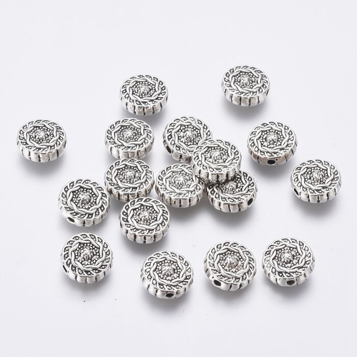 Tibetan Spacer Beads Round 10x4mm Antique Silver, 10 pieces