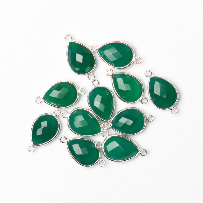 Real 925 Silver Gemstone Connector Green Onyx Drop 21x11x5mm