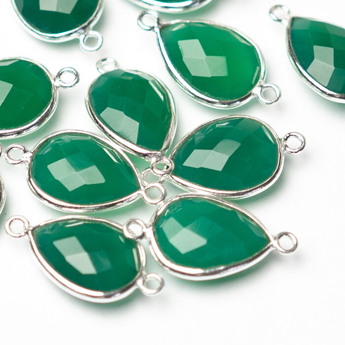 Real 925 Silver Gemstone Connector Green Onyx Drop 21x11x5mm