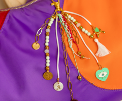 Keychain with Beads and Charms - Gold with Turquoise