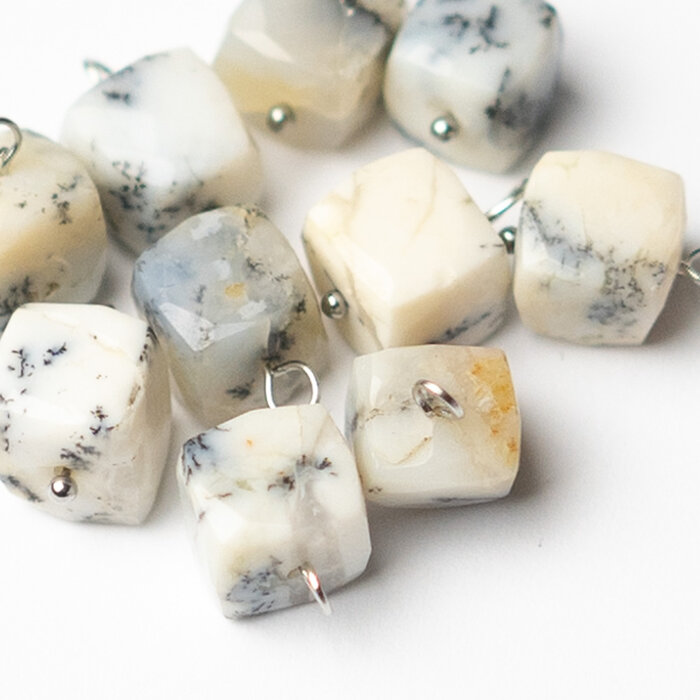 Stainless Steel Dendritic Agate Charm Cube Silver 13x7x7mm