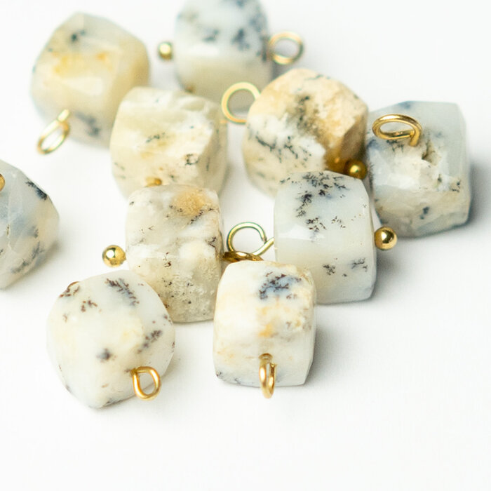 Stainless Steel Dendritic Agate Charm Cube Gold Plated 13x7x7mm