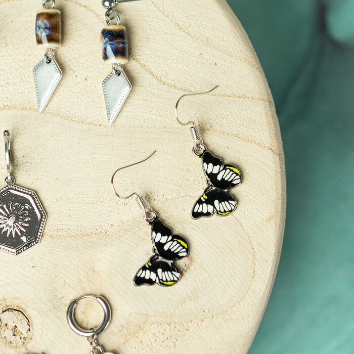 Butterfly Charm Silver Black White 13.5x20mm