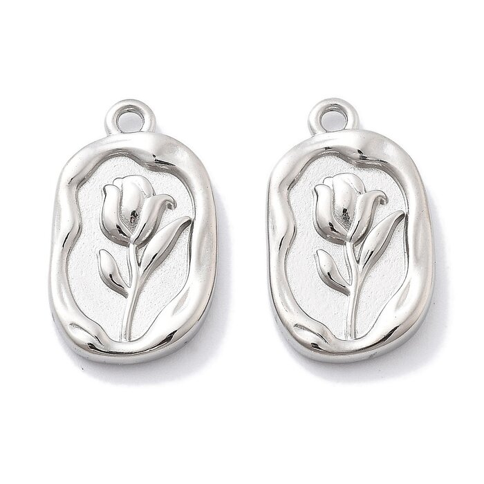 Stainless Steel Charm Oval with Flower 20x12x2.5mm